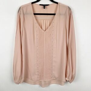 WHITE HOUSE BLACK MARKET Pink Pleat Front Gold Stud‎ VNeck Blouse Womens 8 Flowy